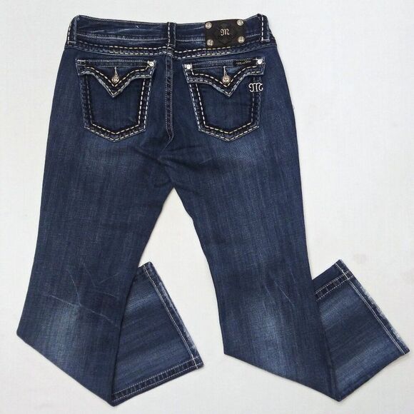 MISS ME Distressed Saddle Stitch Border Bootcut Jeans Flap Pockets JPS501416R - Picture 5 of 11